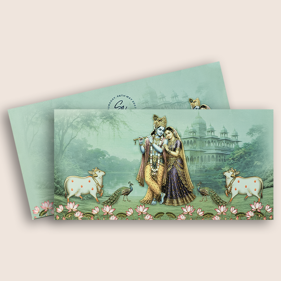 Green Lord Radha Krishna Marriage Card - KVN08040