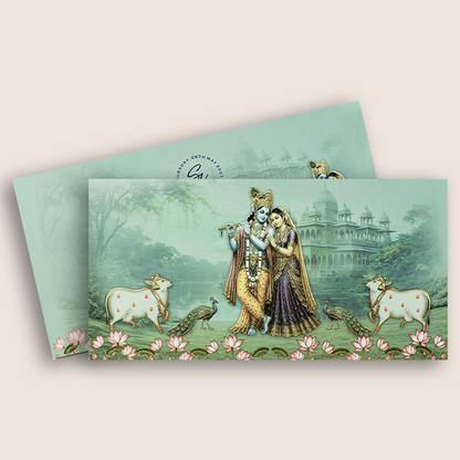 Green Lord Radha Krishna Marriage Card - KVN08040