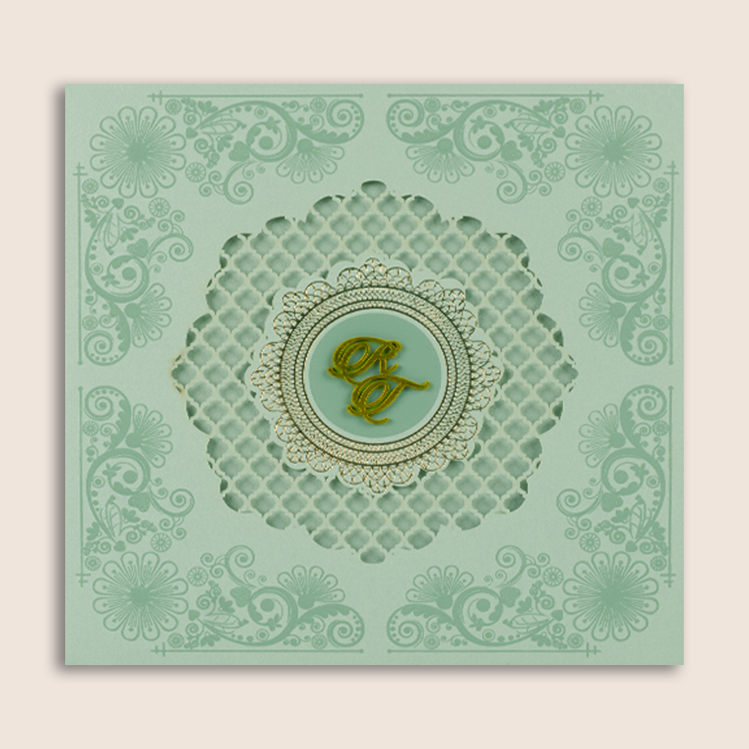 Pastel Green Floral Laser Cut Padded Wedding Card - KPR023310