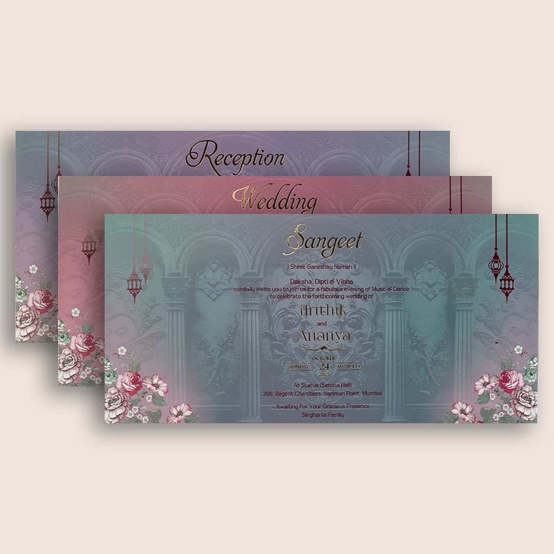 Purple Floral Embossed Padded Marriage Invitation - KVN07810