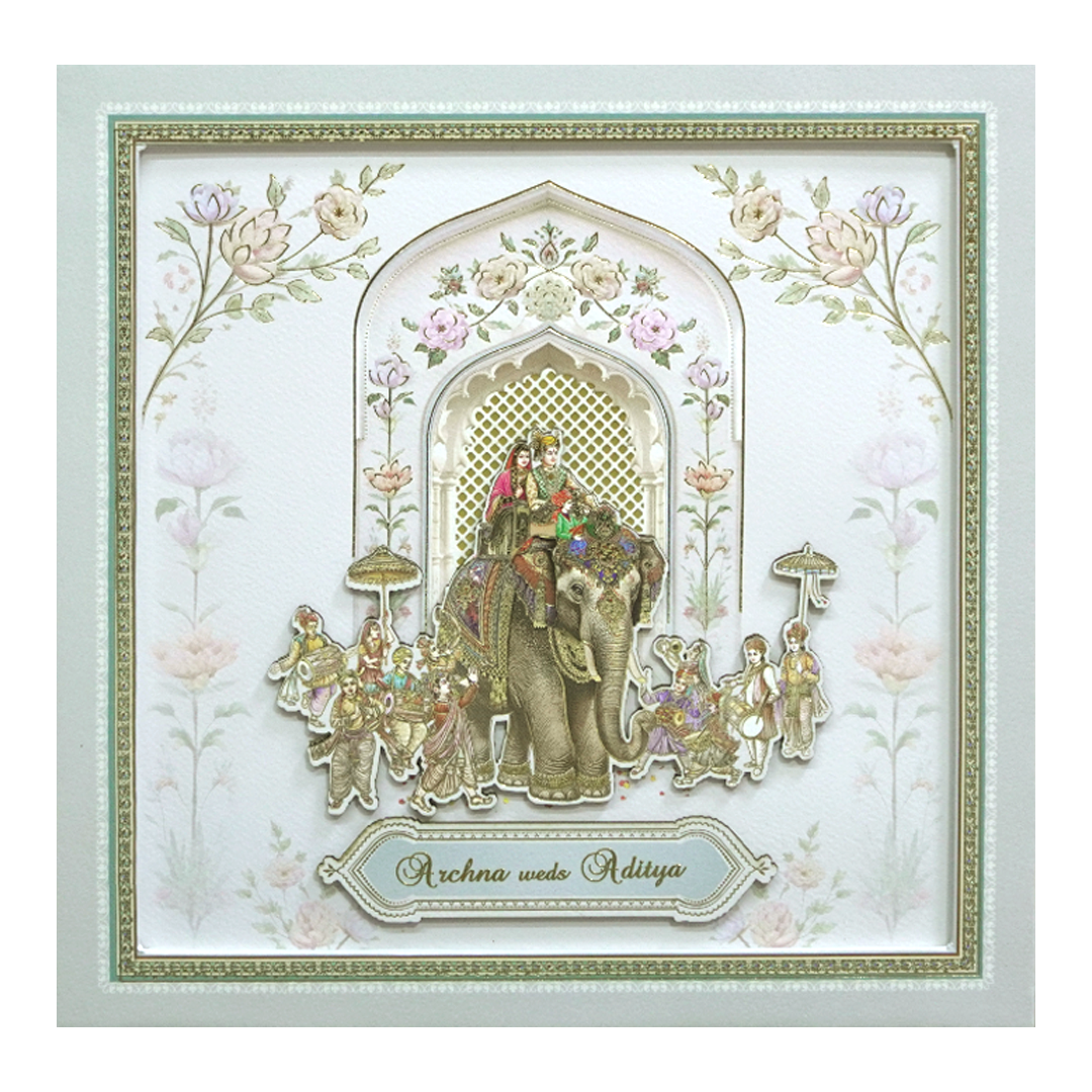 Grey &amp; Gold 3D Padded Elephant Procession Wedding Card-KMMEX8060