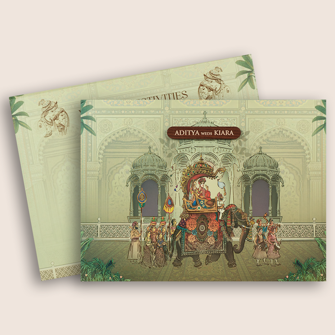 Pale Green Royal Baraat Padded Wedding Card - KFR17490