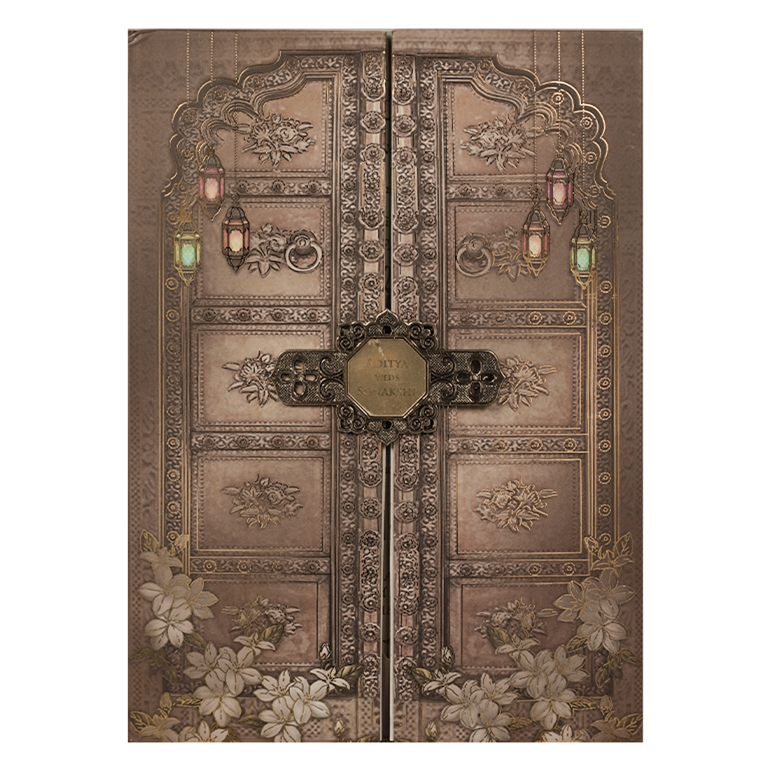 Brown Palace Door Padded Wedding Card-KRE27210