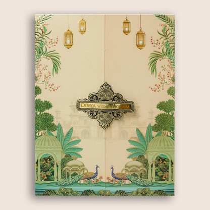 Pink Padded Peacock Palace Wedding Card-KNKN6320