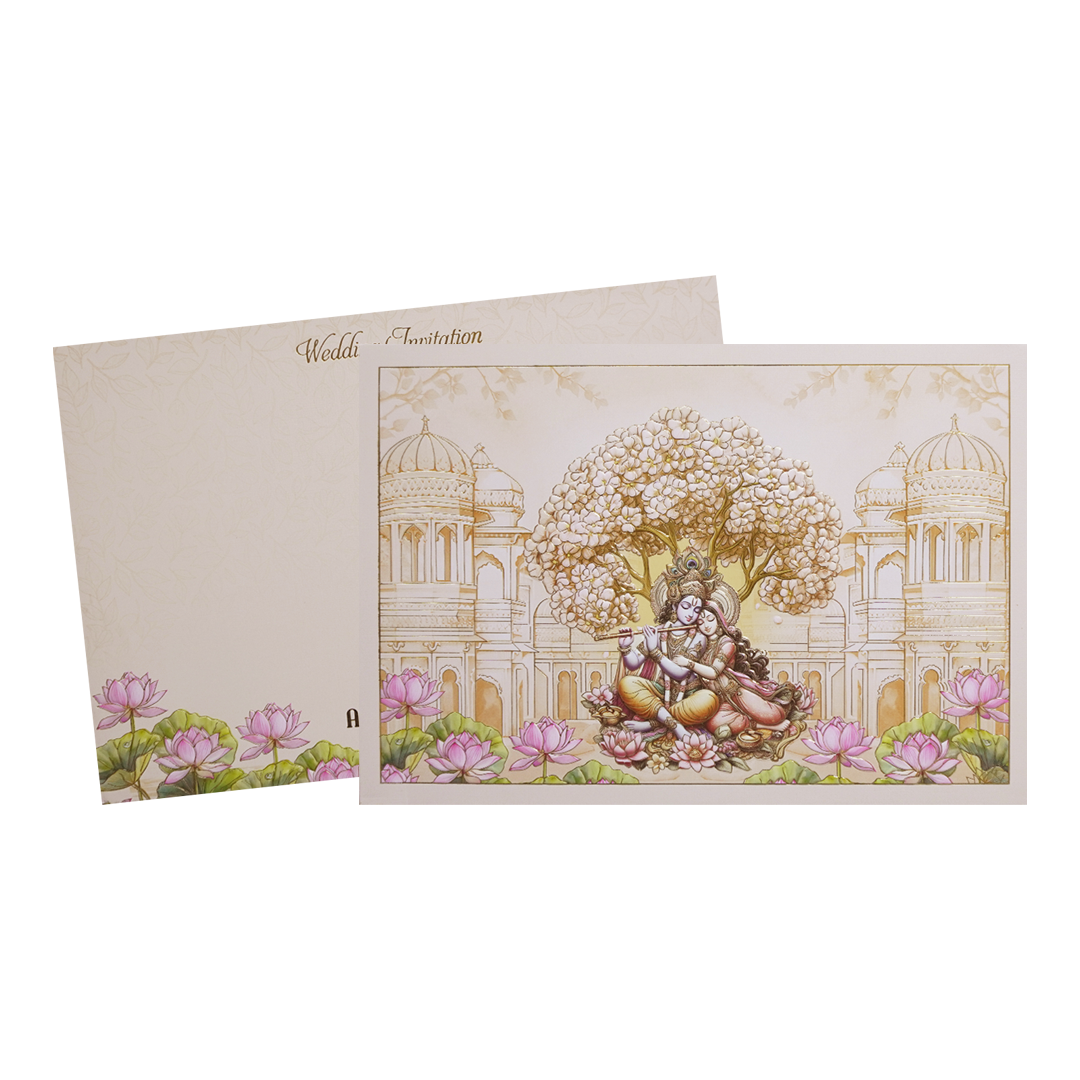 Orange Radha Krishna Palace Padded Wedding Card - KMMWD1145