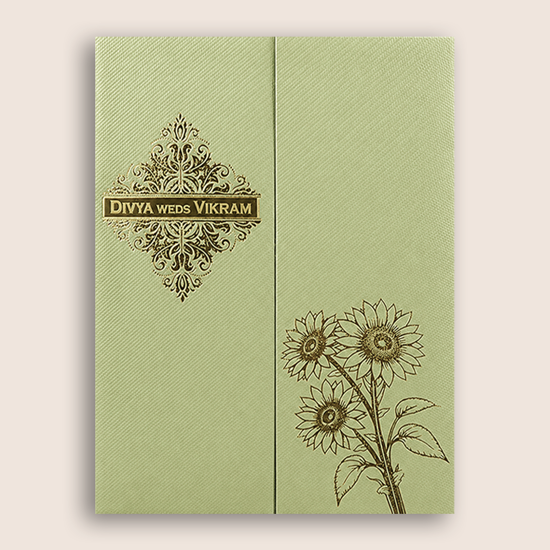 Olive Green Floral Door Style Wedding Card - KNKTGN048