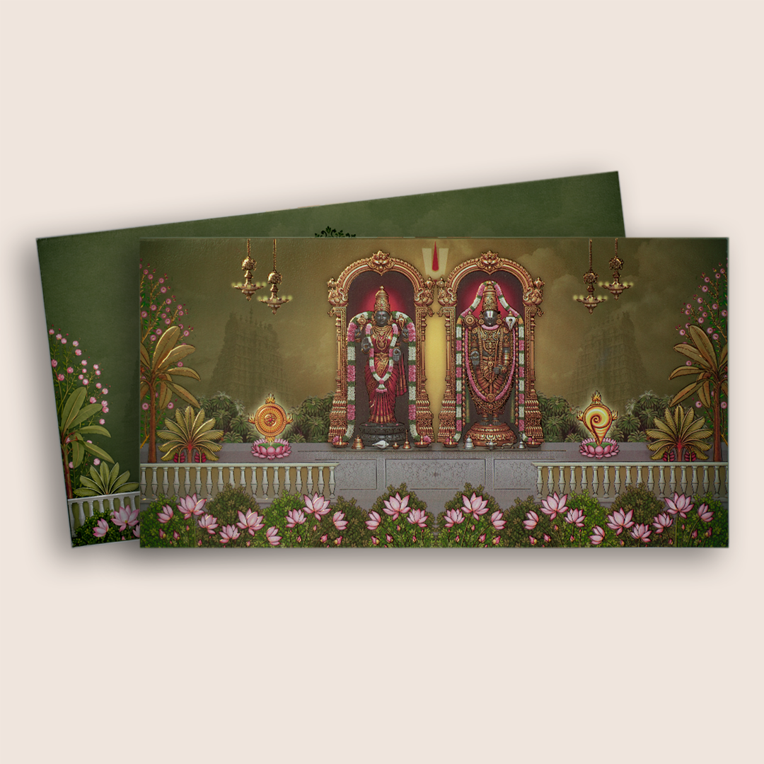Green Embossed Lord Balaji Padmavati Marriage Card - KVN08050