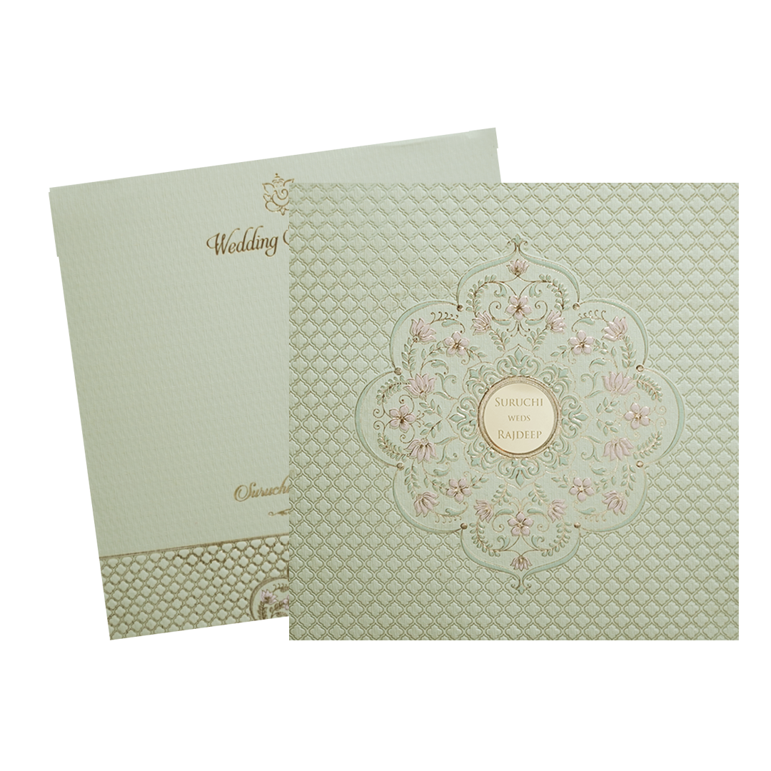 Green Pink Floral Padded Wedding Card -KMMWD1124