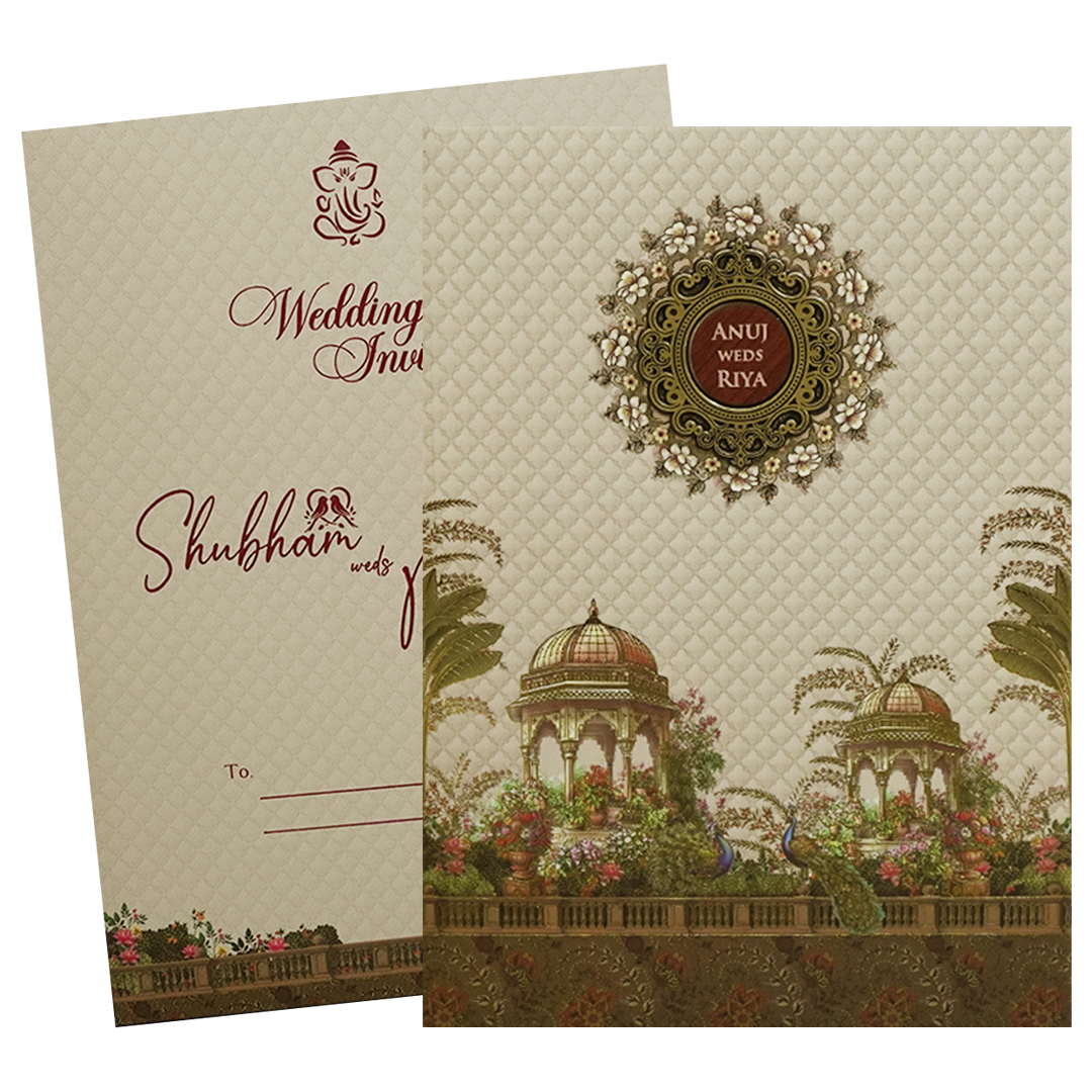 Cream Palace Peacock Padded Wedding Card - KSH72470