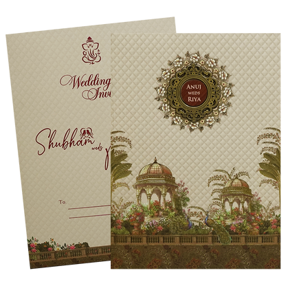 Cream Palace Peacock Padded Wedding Card - KSH72470