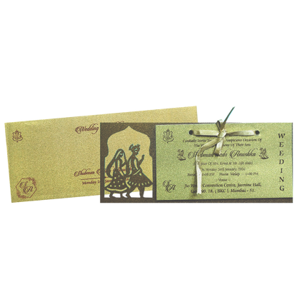 Gold Laser Cut MDF Wedding Invitation Card with Bride &amp; Groom Motif-KRB07020