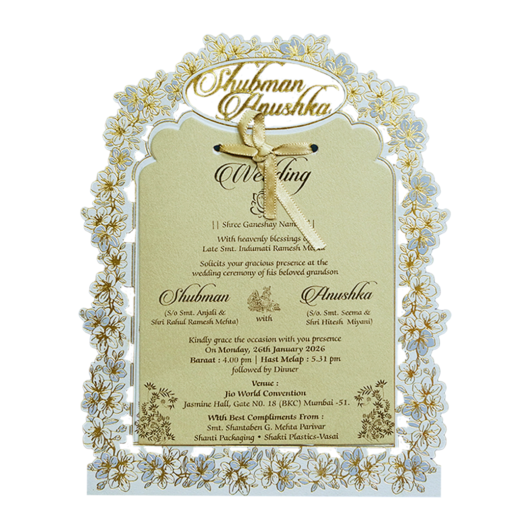 Ivory Laser Cut Gold Foil Wedding Invitation Card with Custom Name-KRB09141