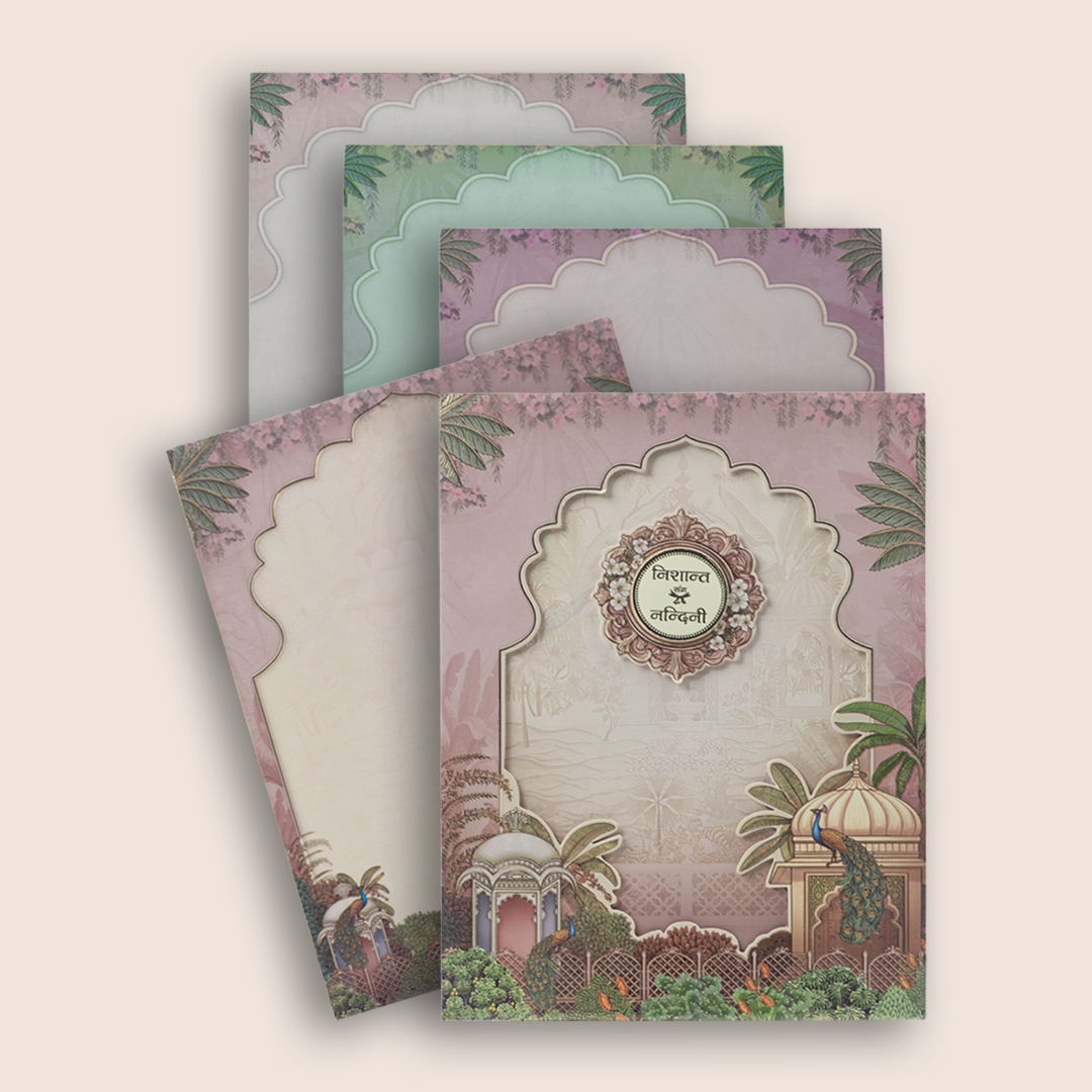 Pastel Pink Jharokha Padded Laser Cut Wedding Card - KAA05930