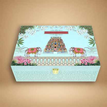 Blue Premium South Indian Temple Arch Luxury Invitation Box - KNLW202571