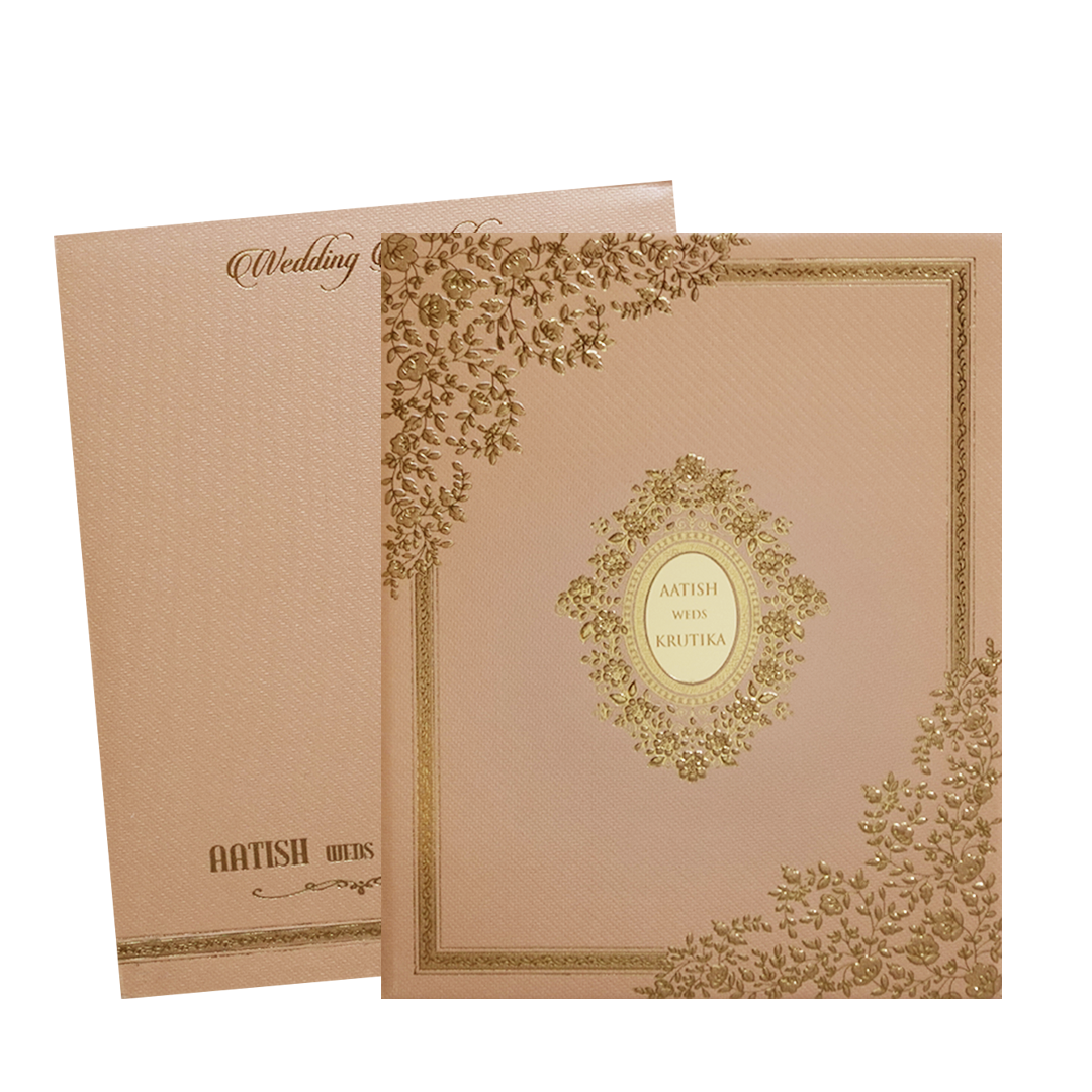 Orange Floral Gold Padded Wedding Card-KMMWD1150