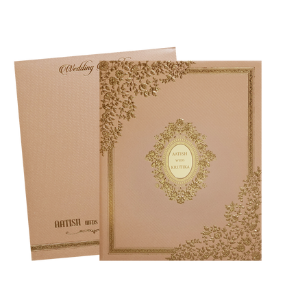 Orange Floral Gold Padded Wedding Card-KMMWD1150