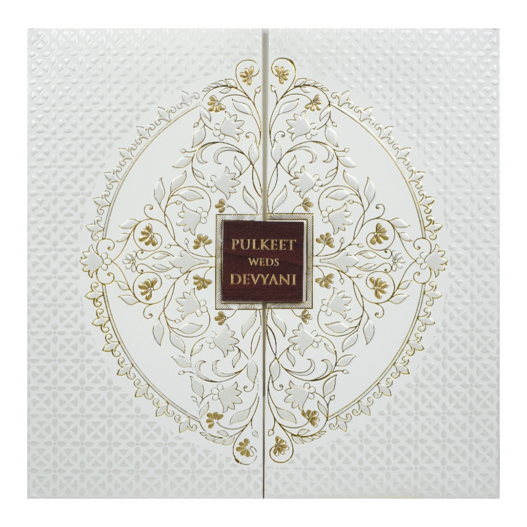 White Embossed Gold Door Padded Wedding Card-KJTS1855