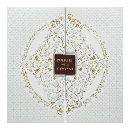 White Embossed Gold Door Padded Wedding Card-KJTS1855