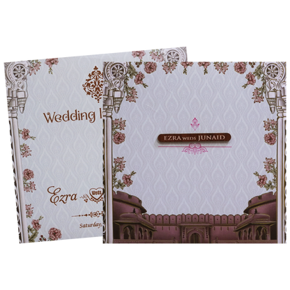 Grey Padded Palace Themed Wedding Card - KVN07490