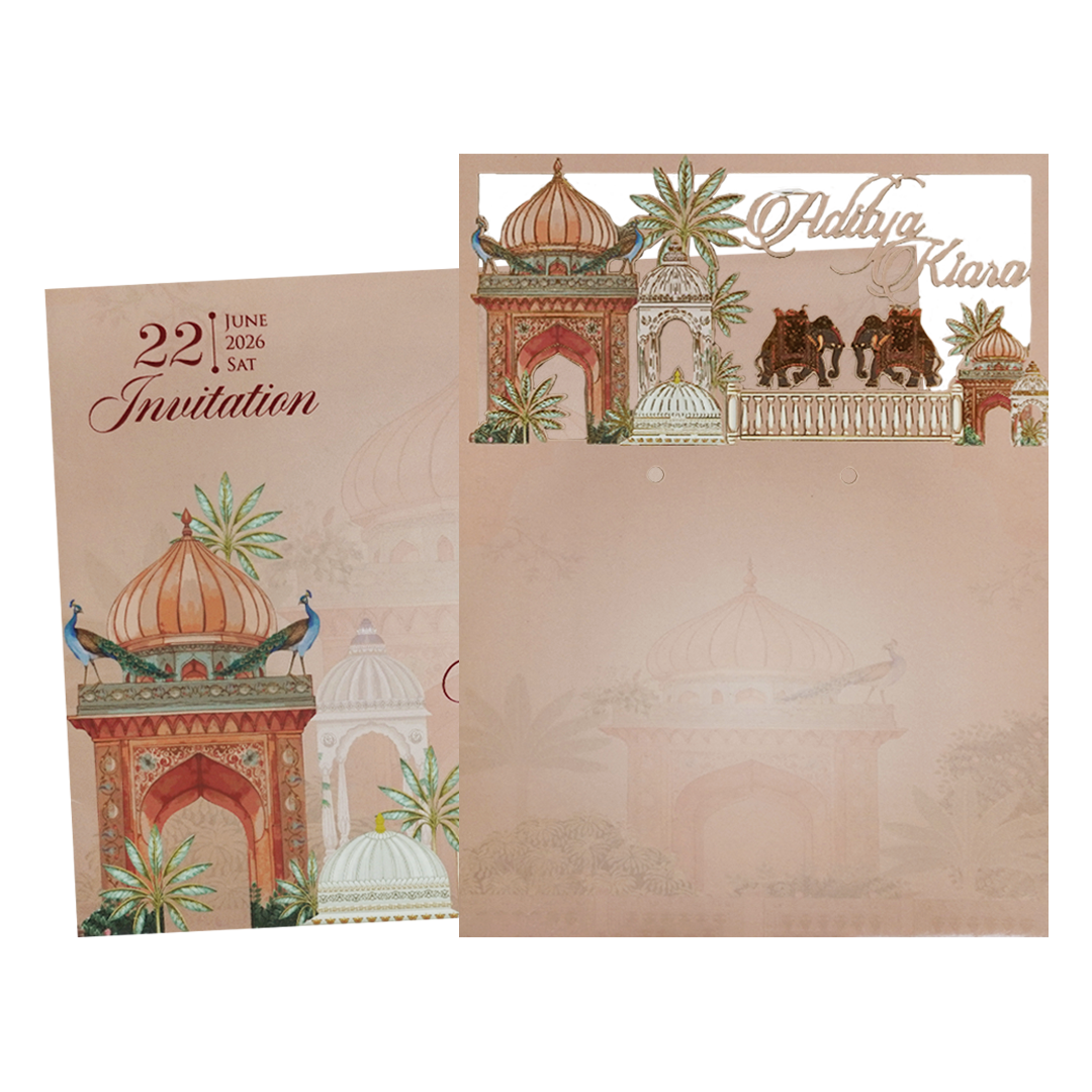 Peach Palace Elephant Baraat Wedding Card-KFR16060
