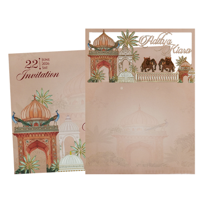 Peach Palace Elephant Baraat Wedding Card-KFR16060