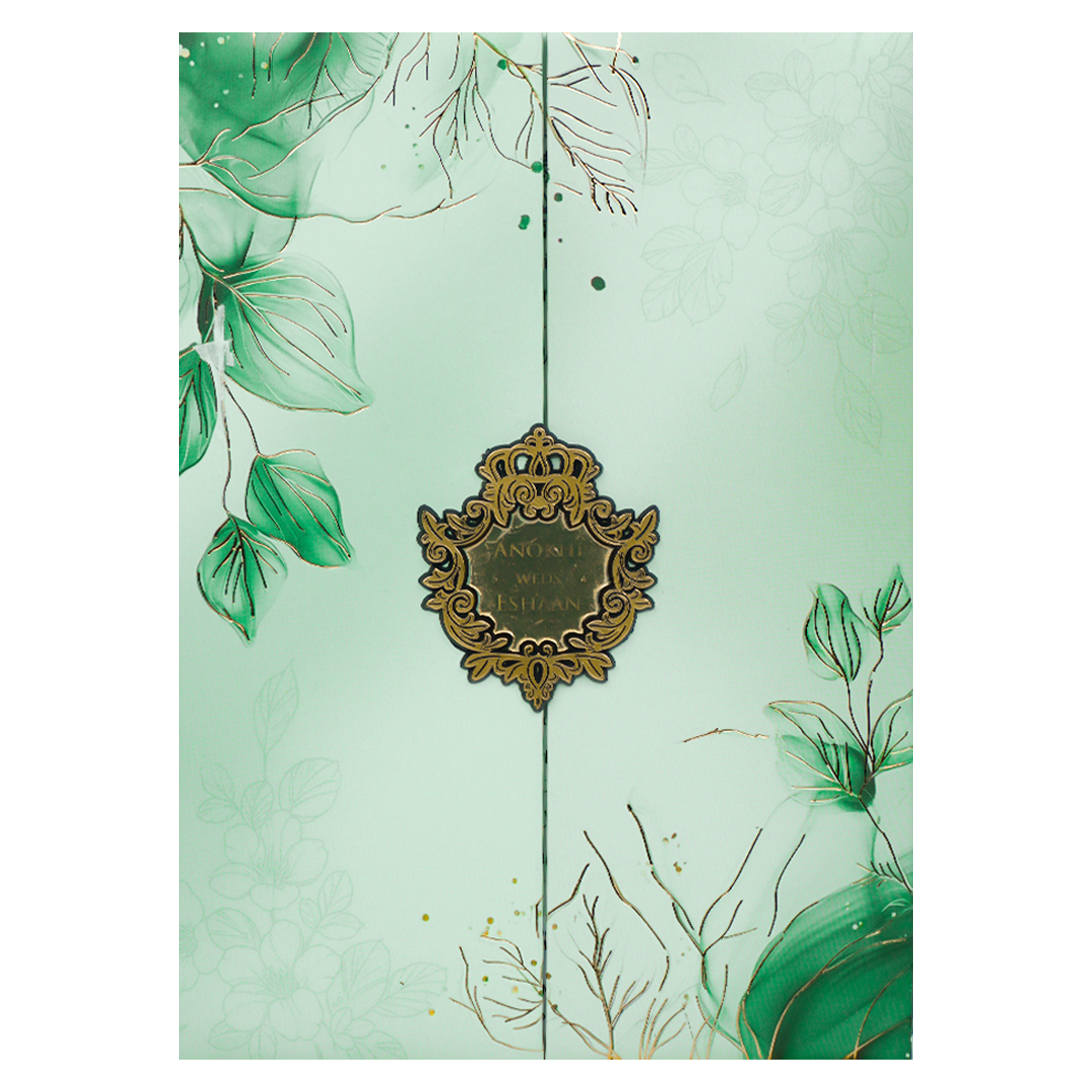 Green Leaf Padded Wedding Card-KJTS3675
