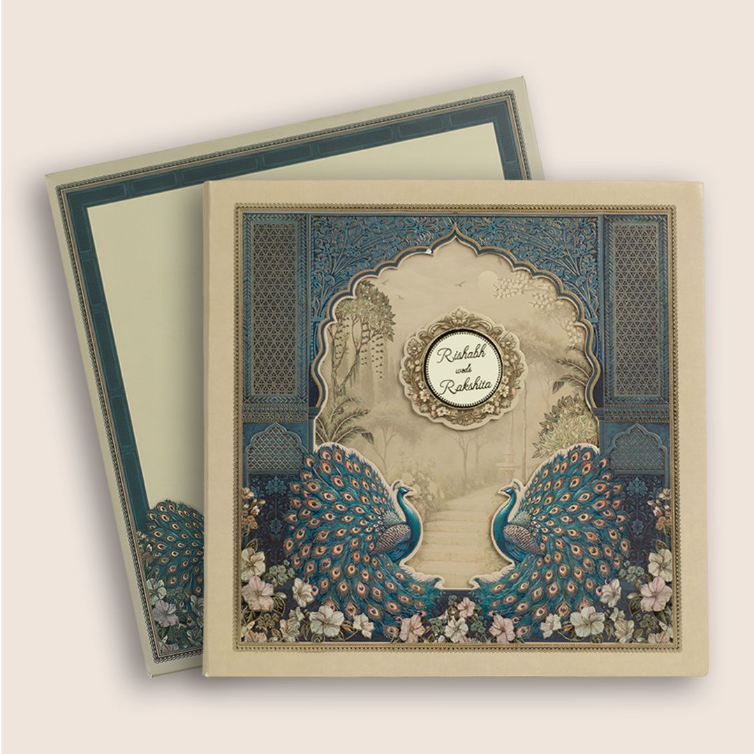 Blue Padded Floral Peacock Laser Cut Wedding Card - KAA06240