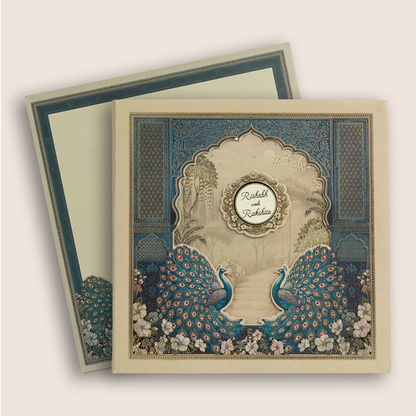 Blue Padded Floral Peacock Laser Cut Wedding Card - KAA06240