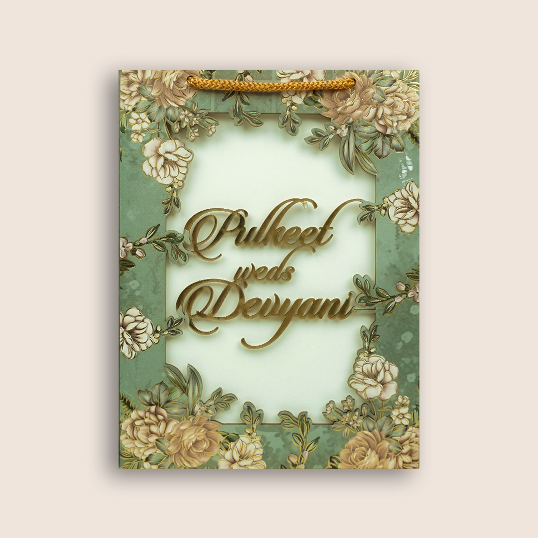 Green Floral MDF Laser Cut Bag Style Wedding Card - KJTS1807