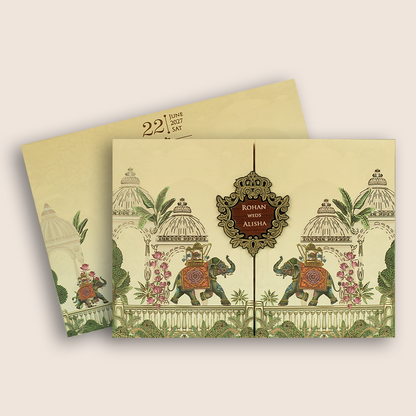 Beige Royal Elephant Door Style Padded Invitation Card - KFR17390
