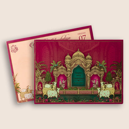 Maroon Floral Royal Palace Padded Wedding Card - KSH18320