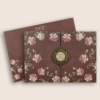 Maroon Floral Door Style Padded Wedding Card - KFR17350