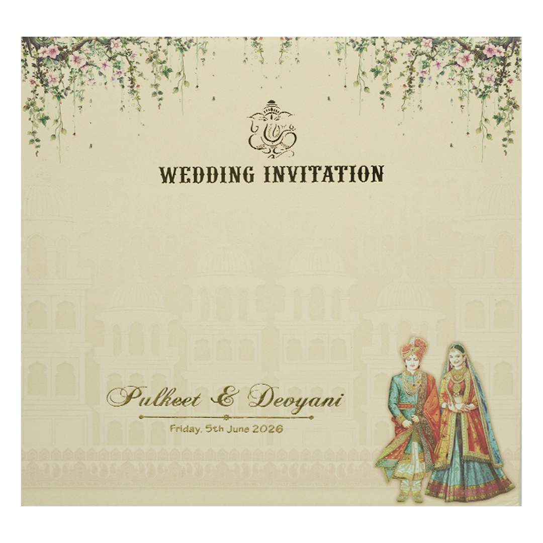 Cream Royal Couple Palace Padded Wedding Card-KJTS1818