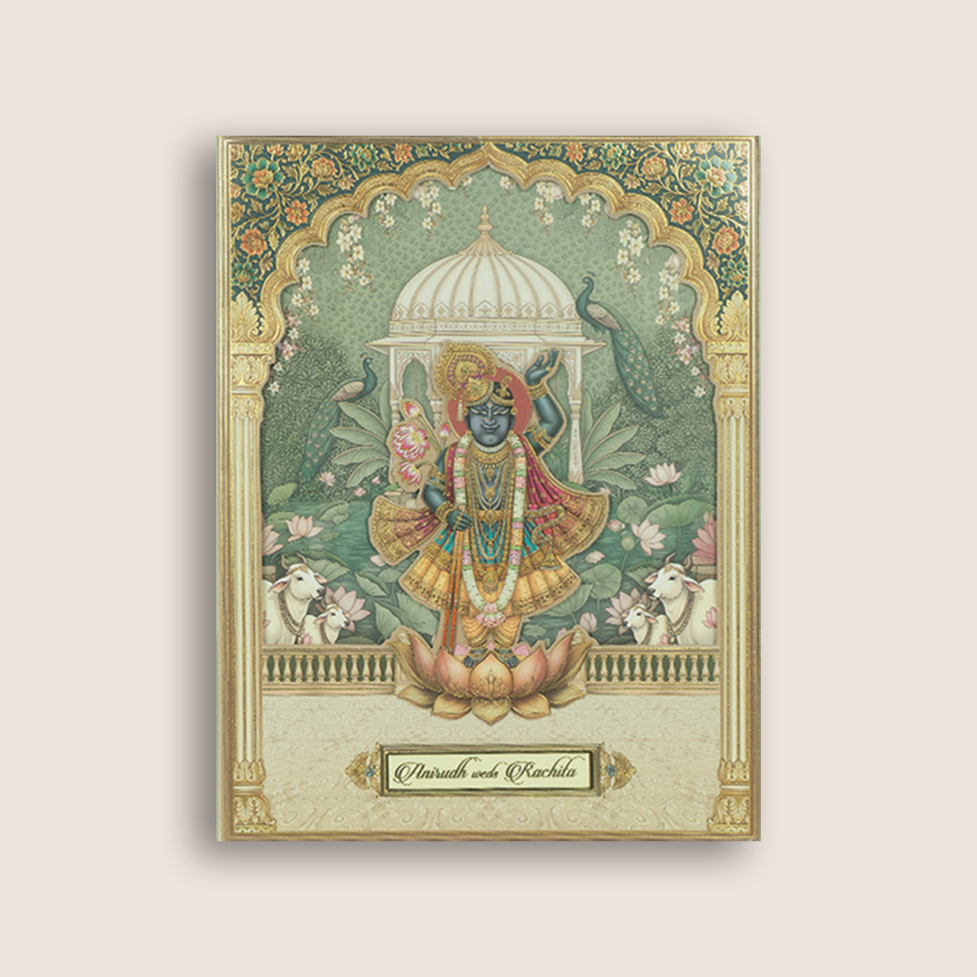 Green Shreenathji Laser Cut Padded Wedding Card - KAA05920