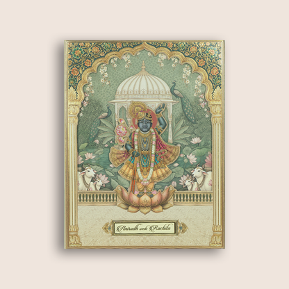 Green Shreenathji Laser Cut Padded Wedding Card - KAA05920