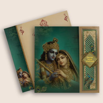 Teal Green Radha Krishna Door Style Wedding Card - KNSR8814