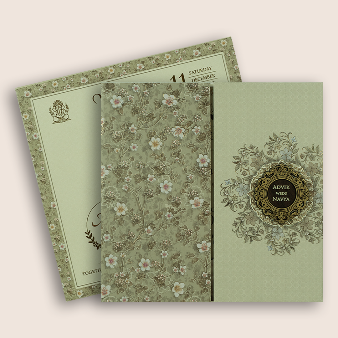 Pale Green Floral Padded Door Style Wedding Invitation - KSH18690