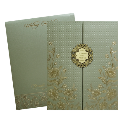 Green Floral Frame Padded Wedding Card - KMMWD1116