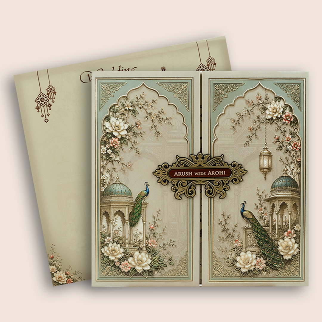 Olive Green Peacock Door Style Padded Wedding Card - KSH18660