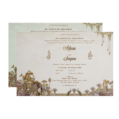 Green Laser Cut Padded Royal Procession Wedding Card - KMMEX8140