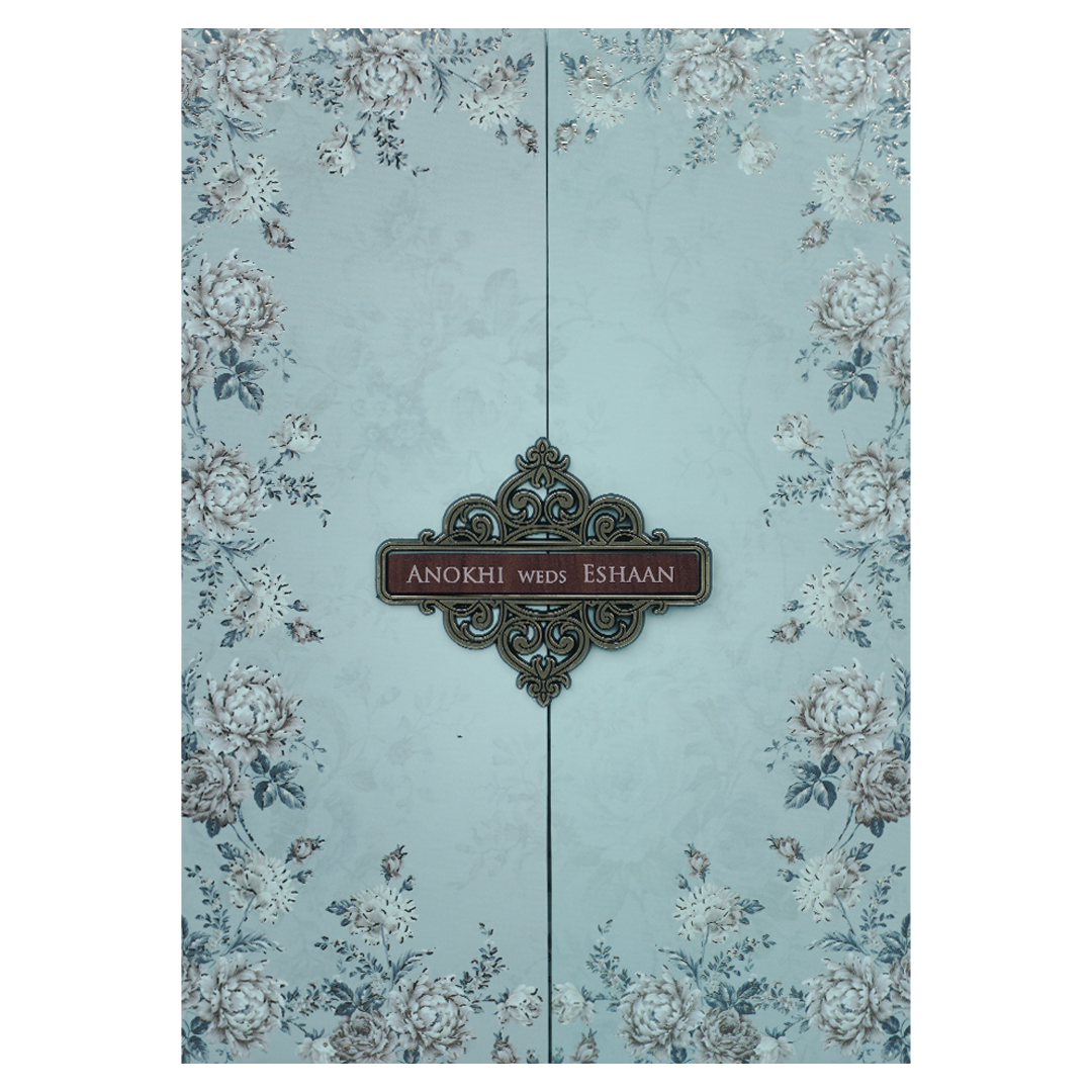 Pastel Blue Floral Padded Wedding Card-KJTS3661