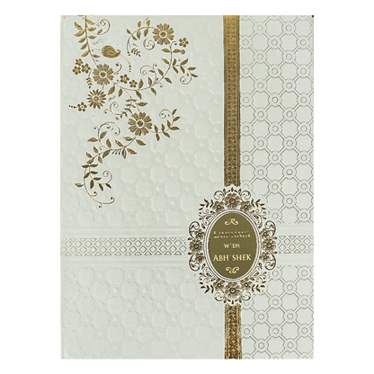White Floral Geometric Gold Medallion Padded Wedding Card-KRE26340