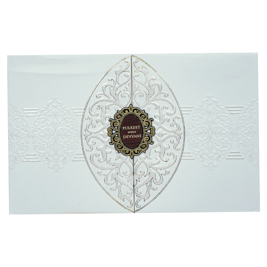 White Royal Motif Padded Wedding Card-KJTS1860