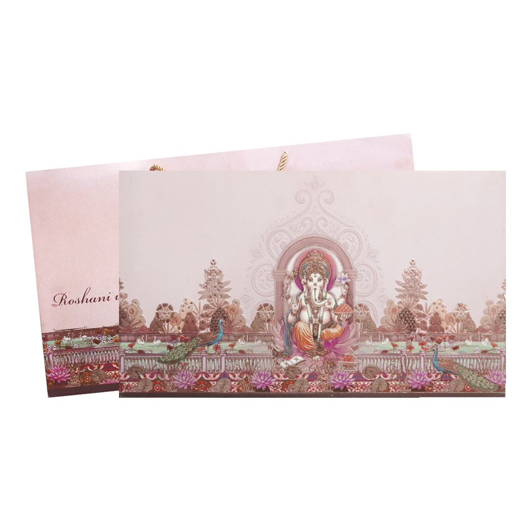 Pastel Pink Ganesh Peacock Wedding Invitation Card-KPR24630