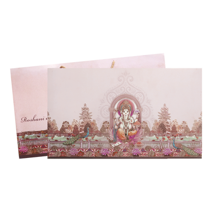 Pastel Pink Ganesh Peacock Wedding Invitation Card-KPR24630