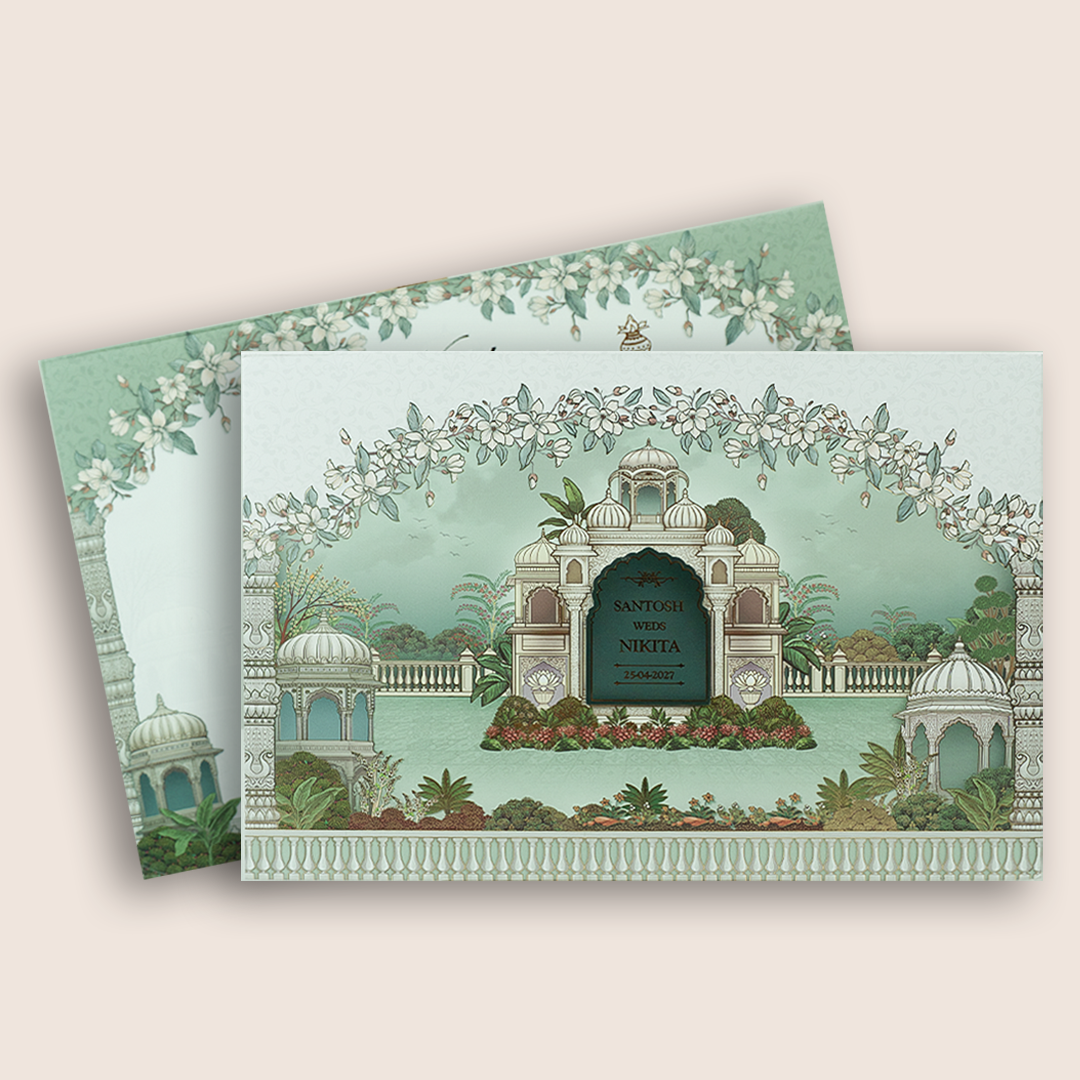 Green Floral Jharokha Palace Padded Wedding Card - KSH18810