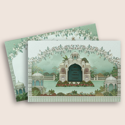 Green Floral Jharokha Palace Padded Wedding Card - KSH18810
