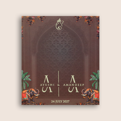 Brown Padded Elephant Door Style Wedding Card - KVN07980