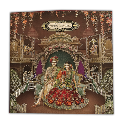 Brown Royal Couple Palace Padded Wedding Card-KSH72630