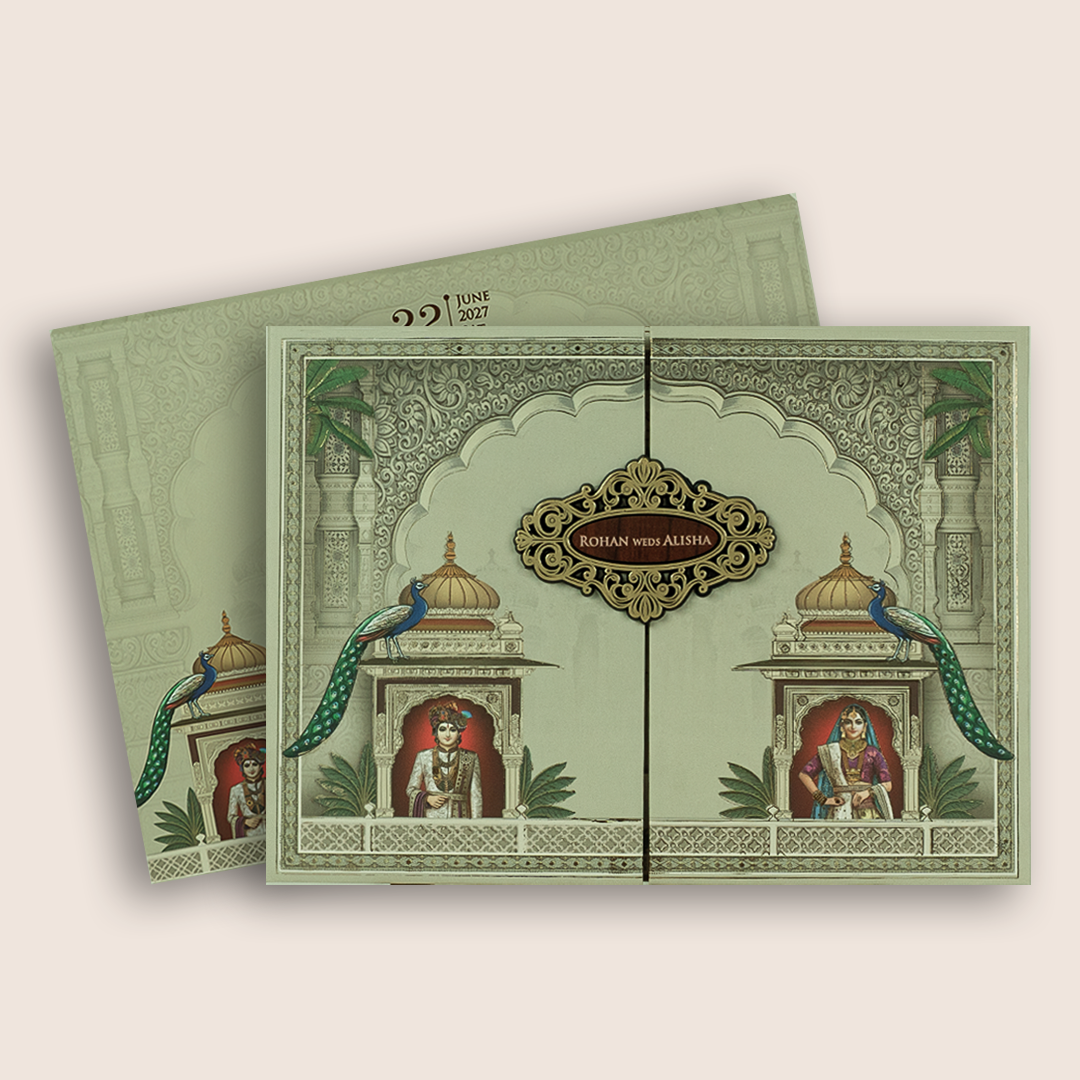 Pale Green Bride Groom Door Style Padded Wedding Card - KFR17360